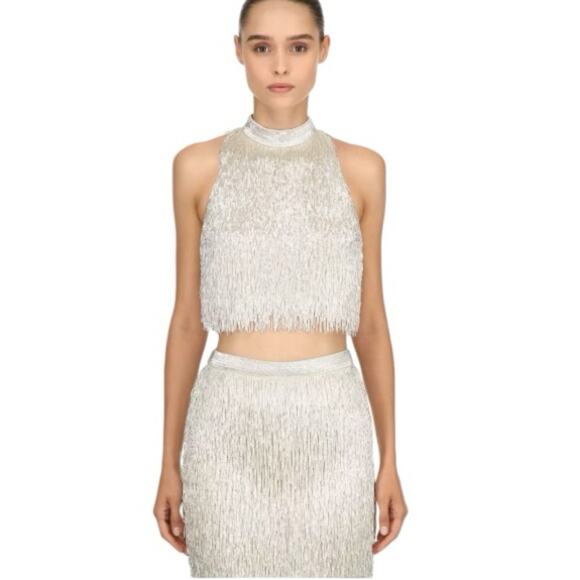 MOSCHINO Beaded Fringe Silk Pencil Skirt In Silver size 6 Rare NWT Retails $5945 - Picture 2 of 13